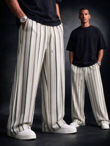 SU ER Men's Summer Striped Loose Drapey Casual Wide Leg Long Pants With Elastic Waist And Drawstring - Apricot - View 1