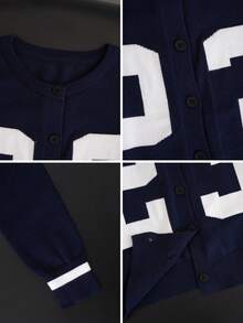 American Retro Sexy Hot Girl College Style Digital Jacquard Knit Cardigan, Contrast White Striped Cuffs, Versatile Layering Top - Royal Blue - View 8