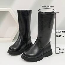 Sepatu Bot Tinggi Hitam untuk Anak Perempuan, Desain Warna Polos Minimalis dengan Resleting Samping, Mudah Dipakai dan Dilepas, Sol Tebal Anti Selip dan Tahan Aus, Sepatu Bot Panjang Modis Serbaguna Gaya Inggris Musim Gugur/Musim Dingin - Hitam - View 3