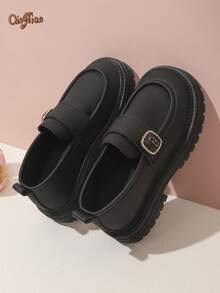 1 Pair Black Girls' Rhinestone Square Buckle Decor PU Material Round Toe Low-Top Slip-On Thick Sole British Style Loafers, Suitable For School, Daily Outings, 2026 New Style - Black - View 5