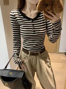 Women's Striped Henley Neck Long Sleeve T-Shirt, Casual Cotton Button-Up Top - Grey and Black - View 3