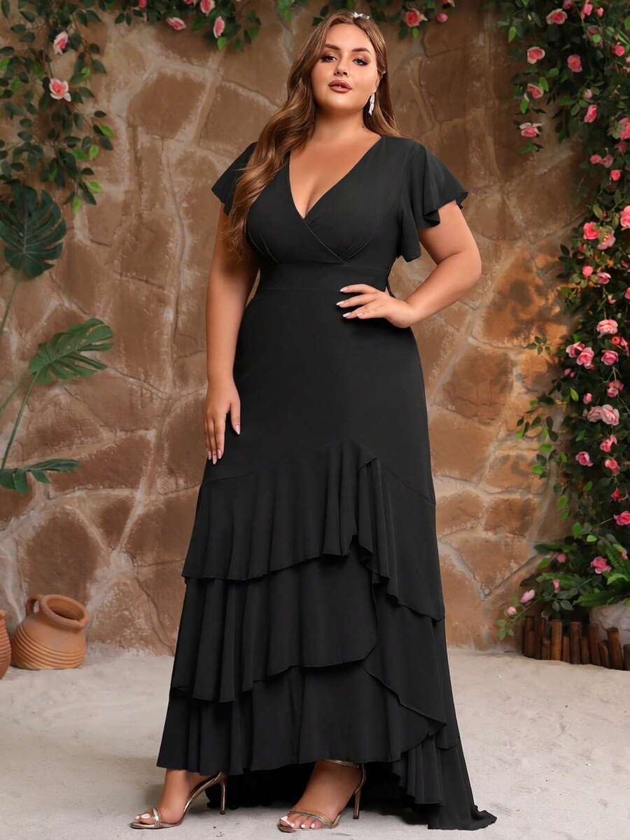 Ruffle Trim Wrap Chiffon Bridesmaid Dress Elegant Dress - Black - View 1