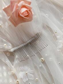 1pc Women's Short Bridal Veil, Large Bow Design, Double Layer Satin Trim Tulle, Pearl Decoration, Wedding Bride Bridesmaid Hair Accessory - White - View 5