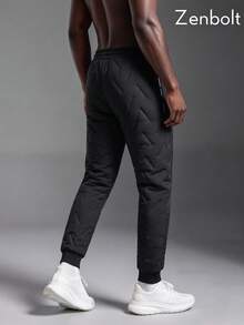 ZenBolt Men's Winter Geometric Quilted Joggers, Fleece Lined, Warm, Drawstring Waist, Zipper Pockets, Suitable For Outdoor Use - Black - View 5
