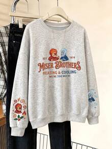 Women's Long Sleeve Crew Neck Sweatshirt, Featuring Faux Embroidery Style Pattern Print, Suitable For Autumn/Winter Wear - Light Grey - View 1