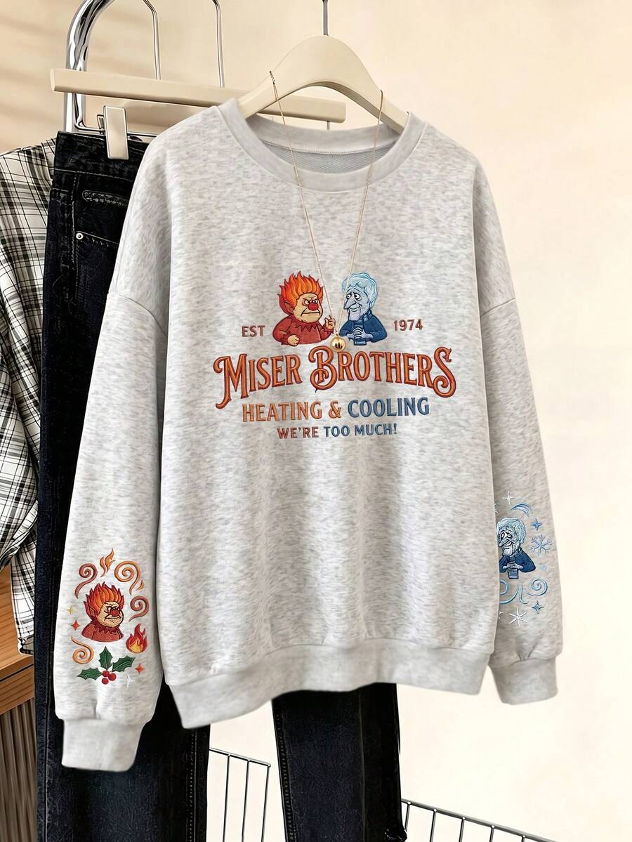 Women's Long Sleeve Crew Neck Sweatshirt, Featuring Faux Embroidery Style Pattern Print, Suitable For Autumn/Winter Wear - Light Grey - View 1