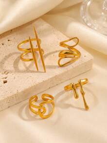 4pcs/Set Women's Gold Minimalist Geometric Open Rings, Asymmetrical Unique Design, Suitable For Daily Wear And Party - Gold - View 3