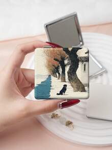 1PC Ins Series Portable Vanity Mirror, Foldable Lightweight Ultra-Thin Convenient Hand Mirror, PU Leather, Suitable For Multiple Scenarios And All People, Foldable Small Square Mirror, Pocket Mirror, Modern Style Snowy Landscape Puppy And Deer Printed Pattern Design, Exquisite Handheld 180° Flip Cover Multi-Function Mini Mirror - Multicolor - View 9