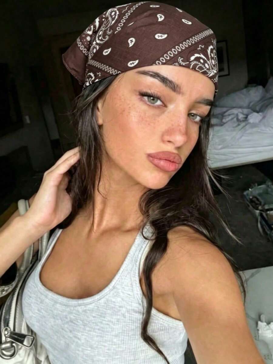 1PC Fashion Paisley Print Novelty Handkerchief Hair Band Denim Bohemian Style Suitable For All Seasons Square Scarf - Coffee - View 1
