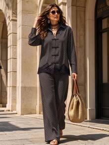 Women's Black Non-Stretch 2 Pieces Set Striped Lapel Long Sleeve Top With Lace Trim And Flare Pants - Black - View 5