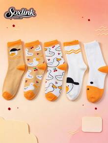 3/5 Pairs Cute Cartoon Duck & Cherry Mid-Calf Socks, Fresh Soft ...