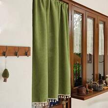 Sage Green Faux Linen Tier Curtain, Rod Pocket Boho Short Window Curtain With White Tassel Fringe, Farmhouse Privacy Cafe Curtain For Kitchen Door Cabinet - A - View 8