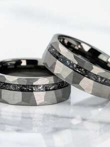1Pc Men's Silvery Ring Inlay Meteorite Interstellar Ring Hammered Wedding Band - Vintage Style Fashion Engagement & Wedding Band - Hammered - View 10