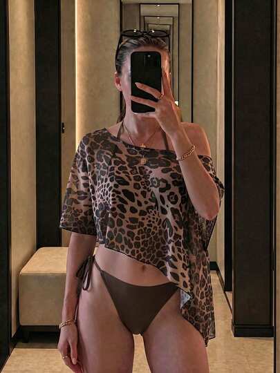 HOTTIE HABIT Women's Leopard Print Mesh Cover-Up + Solid Brown Tie Bikini Set, Halter Neck 2 Pieces Swimsuit, Beach Pool Vacation Swimwear