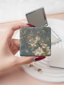 1PC Oil Painting Pastoral Series Portable Vanity Mirror, Foldable Lightweight Ultra-Thin Convenient Hand Mirror, PU Leather, Suitable For Multiple Scenarios And All People, Foldable Small Square Mirror, Pocket Mirror, Fresh Floral Lily Lotus Carnation Printed Pattern Design, Exquisite Handheld 180° Flip Cover Multi-Function Mini Mirror - Multicolor - View 5