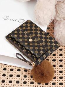 Adorned With A Delicate Pom-Pom, Fashionable Printed Coins And Credit Card Storage, Multiple Card Slots, Suitable For Carrying And Using On The Go - Coffee - View 6