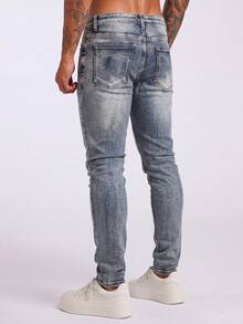 Mud Yellow Vintage Distressed Straight Leg Jeans, Street Style Ripped Denim Pants, American High Street Cat Whisker Texture Jeans, Patchwork All-Season Wear Men's Jeans - Blue - View 3