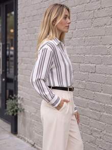 Non-Stretch White Striped Women's Long Sleeve Casual Dress Shirts For Office Daily Work Wear - White - View 3