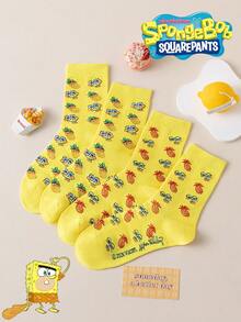 SpongeBob SquarePants 4/2/1 زوج جوارب SquarePants رجالية صفراء بنقشة الأناناس حتى منتصف الساق، مضحكة، خريف/شتاء - متعدد الألوان - مشاهدة 2
