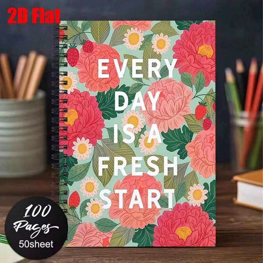 1pc [2D] Flat Spiral Notebooks, A5 Wire-Bound Notebooks With Floral Fresh Literary Covers, Daily Inspirational Quote, Back-To-School Gift For Students, Classroom Notes And Journaling Suitable For Back-To-School Season, Student Notebooks - One Book (50 Pages, 100 Pages) - View 1