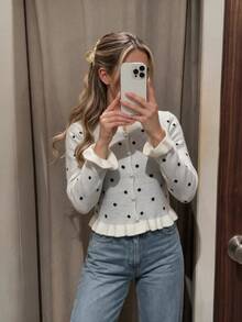 Sookaug Women's Vintage Polka Dot Fitted Round Neck Knit Cardigan, Early Autumn Pearl Single-Breasted Patchwork Ruffle Hem Long Sleeve Jacket, Polka Dot Knit Cardigan, Ruffle Hem With Pearl Buttons, Long Sleeve Round Neck Regular Fit, Suitable For Spring And Autumn Wear - Beige - View 6