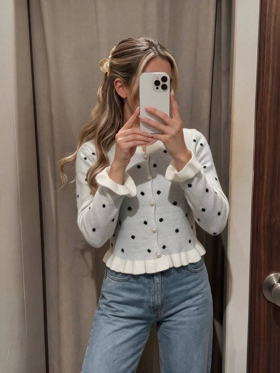 Sookaug Women's Vintage Polka Dot Fitted Round Neck Knit Cardigan, Early Autumn Pearl Single-Breasted Patchwork Ruffle Hem Long Sleeve Jacket, Polka Dot Knit Cardigan, Ruffle Hem With Pearl Buttons, Long Sleeve Round Neck Regular Fit, Suitable For Spring And Autumn Wear - Beige - View 1