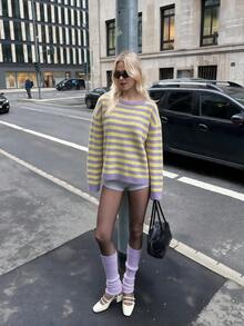 Sookaug Women's Dopamine Color Block Purple & Yellow Striped Pullover Sweater, Early Autumn Sweet Round Neck Long Sleeve Loose Knit Top, Striped Knit Pullover, Regular Fit Ribbed Knit Top, Medium Stretch Comfortable Outfit For Autumn/Winter - Multicolor - View 4