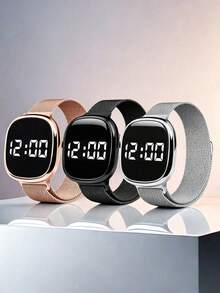 3 piezas Reloj electrónico con pantalla digital cuadrada/Reloj BFF con cierre magnético y correa de malla milanesa Reloj deportivo digital - Multicolor - Ver 4