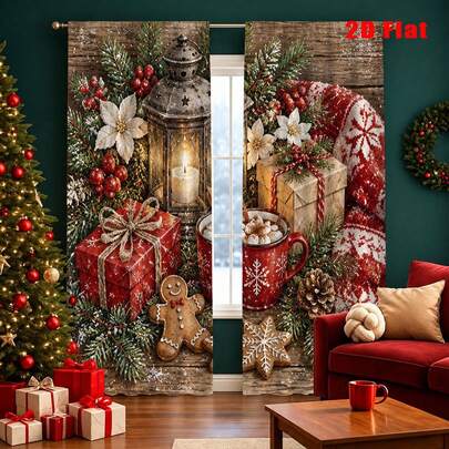 2pcs Christmas Curtains Home Christmas Decor Curtains Warm Lantern & Pine Tree Pattern Design Bedroom Blackout Curtains Easy To Hang Portable Flat 2D