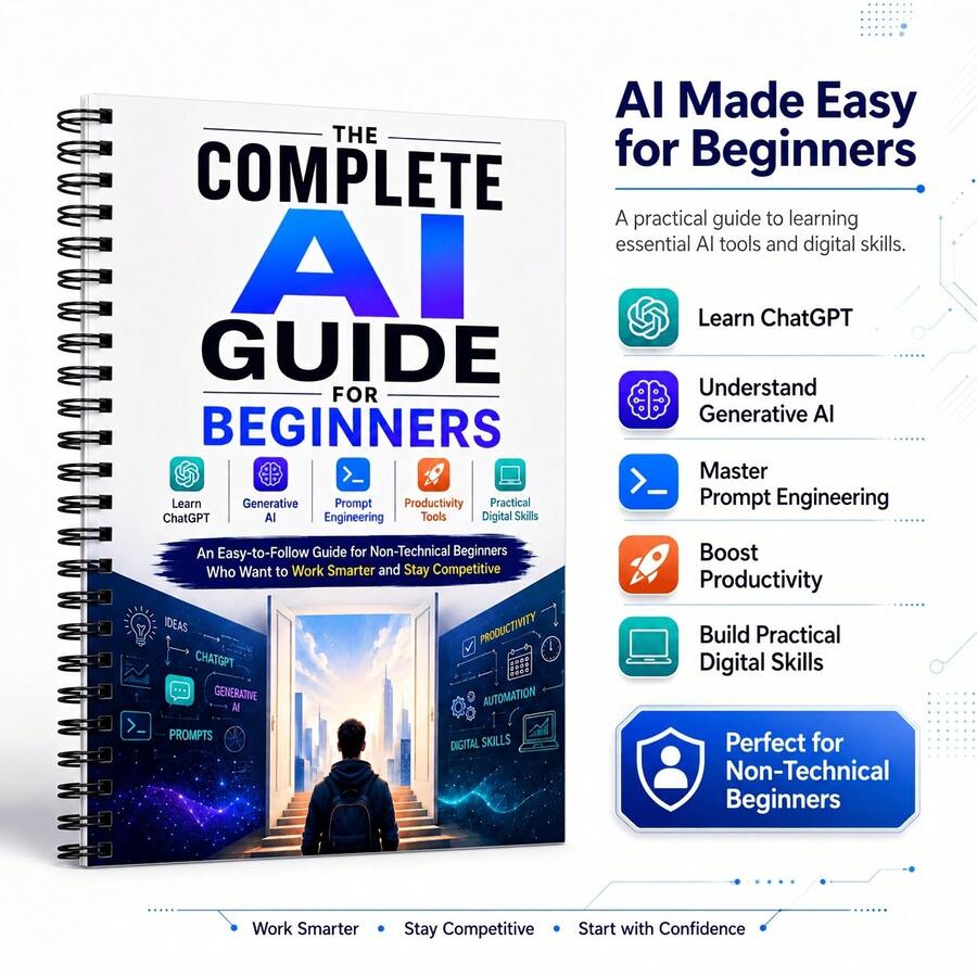 دليل الذكاء الاصطناعي الكامل للمبتدئين، تعلم ChatGPT والذكاء الاصطناعي التوليدي وهندسة الأوامر وأدوات الإنتاجية والمهارات الرقمية العملية. دليل سهل المتابعة للمبتدئين غير التقنيين الذين يرغبون في أن يكونوا أكثر ذكاءً والبقاء تنافسيين.