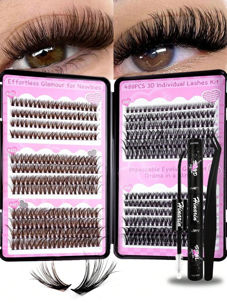 Hinarin 480 Pcs D Curl Natural Lashes Extension Book Kit 30D+40D+50D Large Capacity Individual Lash Extensions Cluster Book Black And Brown Colorful Eyelash 8-16mm Fluffy Clusters Lashes Book Set For Parties And Festival Christmas Makeup