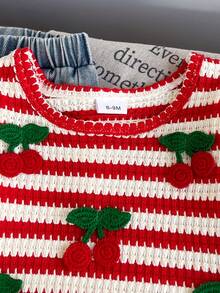 Baby Girl Sweet Cherry Theme 2-Piece Set: Red & White Striped Crochet Cherry Vest With Ruffle Trim Long Sleeve 2-In-1 Top + Frayed Straight Leg Denim Jeans, With 3D Cherry Decor, Fashionable & Cute Spring/Autumn Outfit - Red - View 6