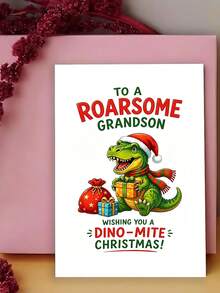 1pc Cheerful Christmas Greeting Card, Dinosaur With Gifts Roarsome Grandson, Suitable For Grandson, Winter Holiday Festive Cartoon Style - Multicolor - View 2