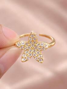 1pc Women's Cubic Zirconia Star Adjustable Open Ring, Stackable Finger Jewelry - Gold - View 1
