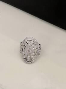 1pc Vintage Cubic Zirconia Hollow Flower Open Copper Alloy Ring, Suitable For Women's Party And Gathering - Silver - View 6