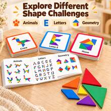 Bộ xếp hình Tangram bằng gỗ cho trẻ em, đồ chơi lắp ghép hình khối 7 miếng kèm 60 thẻ thử thách hai mặt và sách hướng dẫn đáp án - Nhiều màu - Xem 10