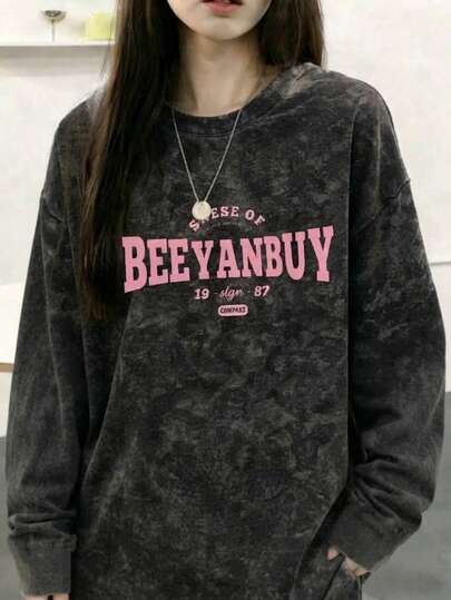 New Autumn/Winter Gen Z Y2K Style Women's Pink English Print Crew Neck Washed Distressed Long Sleeve T-Shirt Loose Casual Versatile