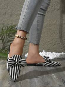 Women's Striped Bow Pointed Toe Mule Slippers, Flat Closed Toe Half-Slip Outdoor Shoes - Black and White - View 4