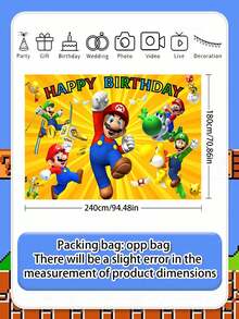 MASSDI Happy Birthday Party Backdrop, Bright Yellow Radiant‑Style Game Character Photo Background Cloth With Multi‑Character Prints, HD Vivid Color Printing, Wrinkle‑Resistant Polyester Fabric, Foldable, Reusable And Easy To Hang - Multiple Styles - View 2