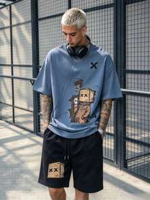 Simple Studio | Men's Summer Casual Round Neck Short Sleeve T-Shirt And Drawstring Waist Shorts Set - Dusty Blue - View 2