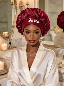 Women 12 Zodiac Signs Satin Hair Bonnet, Horoscope Letter Print Sleep Cap, Wide Elastic Band Silky Night Cap, Soft Satin Headwear For Hair Protection - Burgundy - View 6