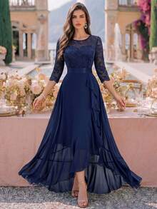 MIUSOL Elegant Floral Lace Ruffle Trim 3/4 Sleeve Maxi Formal Dress, Suitable For Wedding Guest, Formal Occasion - Navy Blue - View 2