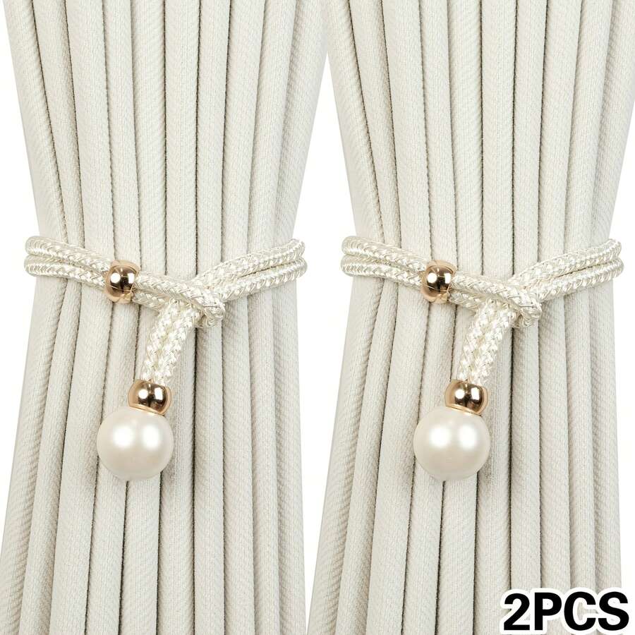 2pcs Curtain Tie Backs With Large Pearl Decor, Luxury Storage Rope Tie Bundling Strap, Curtain Buckle Ring Tie Rope - Multicolor - View 1
