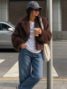 Women's Fashion Long Sleeve Faux Fur Coat, Regular Length Brown Open Front Warm Jacket, Suitable For Autumn/Winter Wear - Brown - View 6
