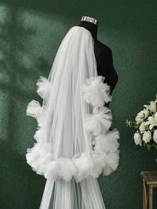 1pc Double Layer White Tulle Flower Bridal Veil, Floor Length Small Train Cathedral Veil, Romantic Wedding Photoshoot Headpiece - White - View 3