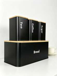 Kitchen Food Storage Canister Set, Bread Box Set,Tea Coffee Sugar Jars With Bamboo Lids, Metal Airtight Containers & Bread Bin, Space Saving Countertop Food Storage Organizer For Pantry, Easy To Clean,2 Styles Optional - View 3