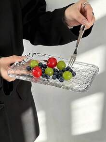 1pc Rectangular Transparent Glass Plate, All-Over Asymmetrical Ice Hammer Texture, Clear And Textured. Can Hold Fruit, Desserts, Snacks, Suitable For Afternoon Tea Display, Also Can Be Used As Storage Tray, Ins Minimalist Home Style - Transparent - View 2