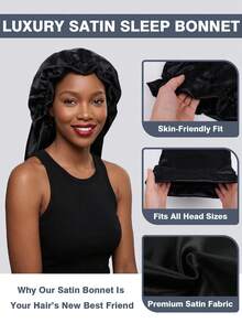 SATIN BONNET For Women, Ruffle Lace Edge Silky Sleep Cap With Wide Elastic Band, Large Room Night Hair Bonnet For Curly Natural Hair (6 Colors) - A - View 2