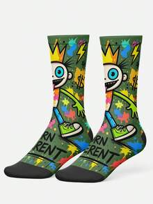 Cool 360° Printed Men's Socks - Streetwear Socks,Rainbow Striped Cartoon,Colorful,Funny, Fit Daily, Holiday & Party Occasions,Graffiti Street Style - Olive Green - View 3