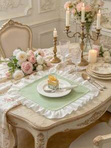 2/6/12pcs Light Green French Ruffle Placemats, Romantic Pleated Lace Edge, Protect Tabletop, Decorate Plates And Table Setting, Suitable For Dining Table, Party, Holiday, Wedding, Restaurant - Green - View 3